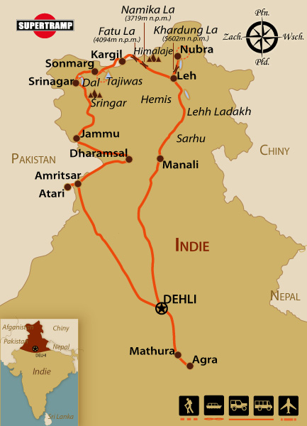 Adventure map of northern India: Discover Ladakh, Agra, and the Taj Mahal routes.