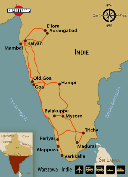 Stylized map of India highlighting travel routes and cultural destinations such as Kalyan and Hampi.
