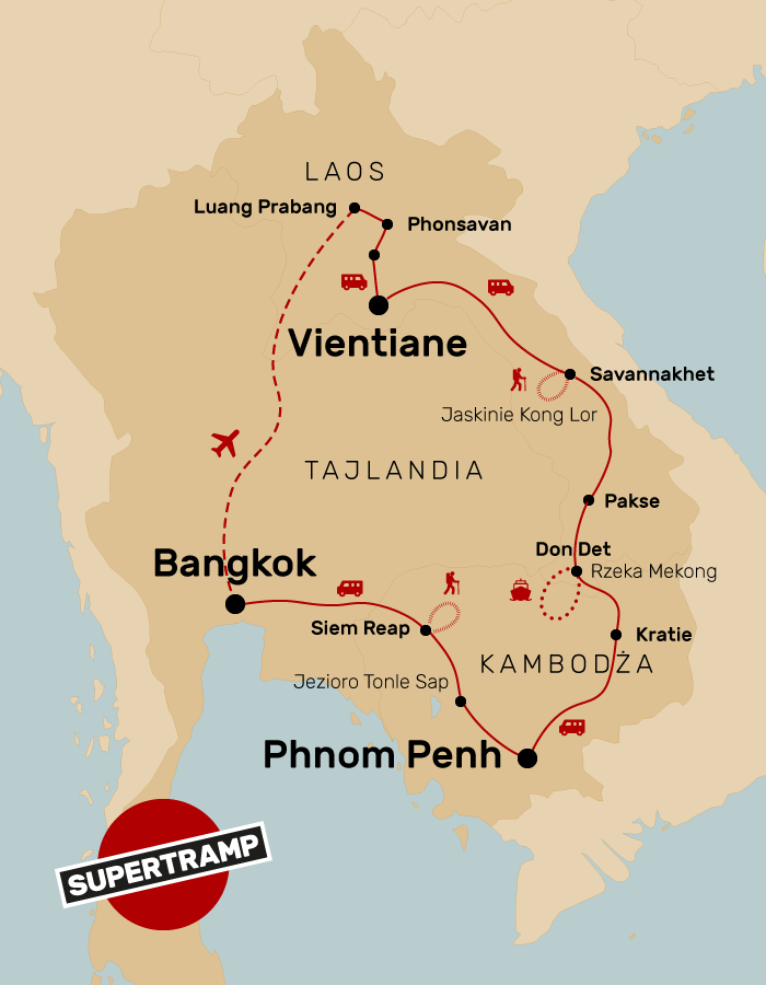 Explore Southeast Asia with a travel map highlighting key cities and routes in Thailand, Laos, and Cambodia.