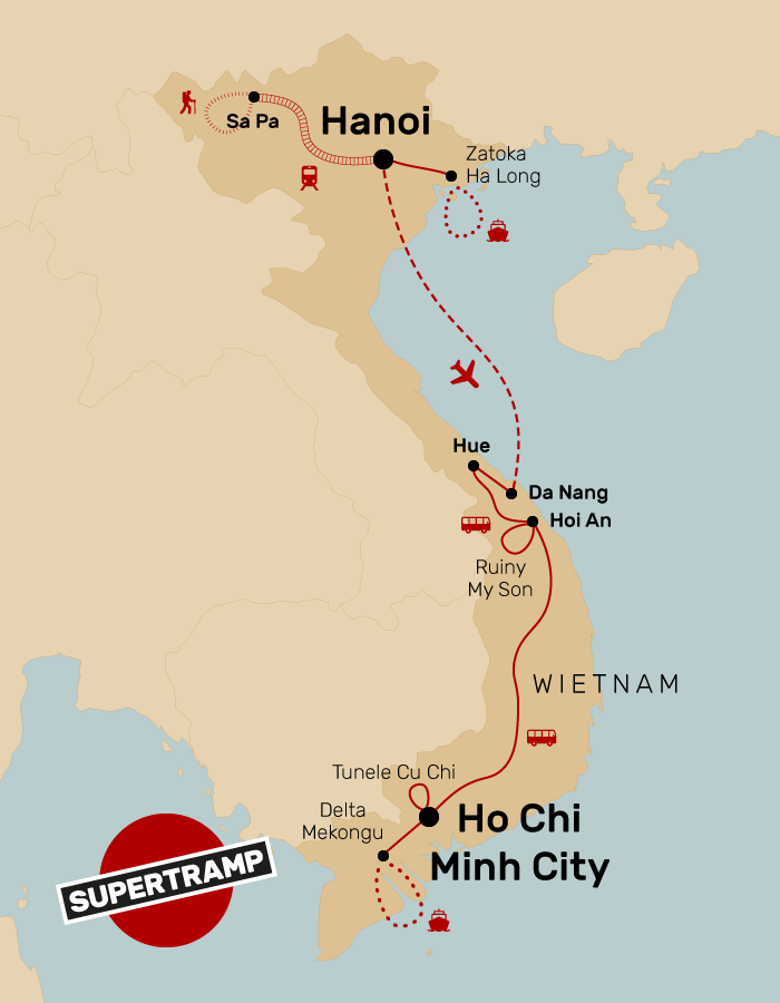 Odkryj Wietnam: mapa atrakcji turystycznych od Hanoi do Ho Chi Minh City.