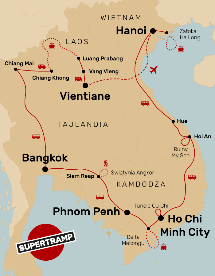 Mapa podróży po Indochinach ukazująca kluczowe miasta Tajlandii, Laosu i Wietnamu.