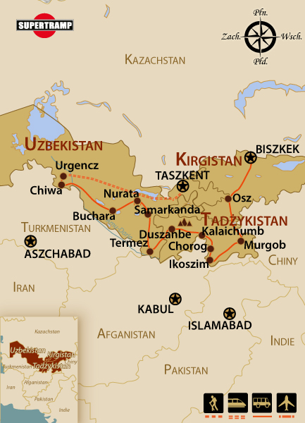 Map of Central Asia highlighting Uzbekistan, Kyrgyzstan, and Tajikistans key cities and routes.