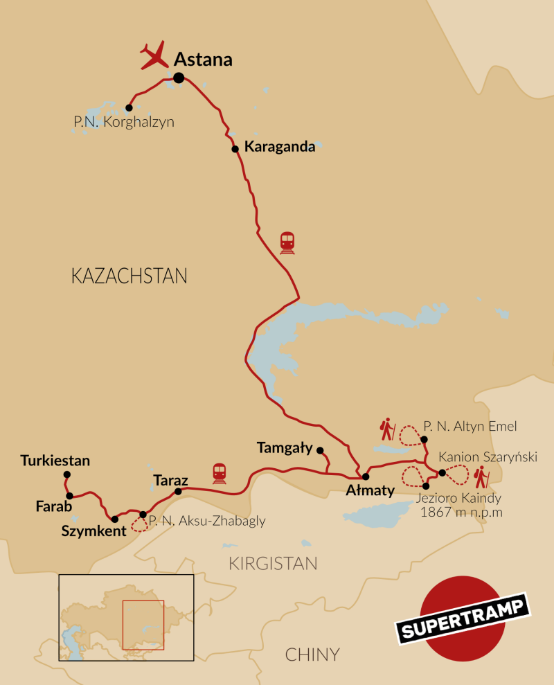 Explore Kazakhstan: a travel map featuring cities, national parks, and adventure points.
