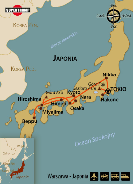 Vintage map of Japan showcasing travel routes and cultural highlights for Polish explorers.