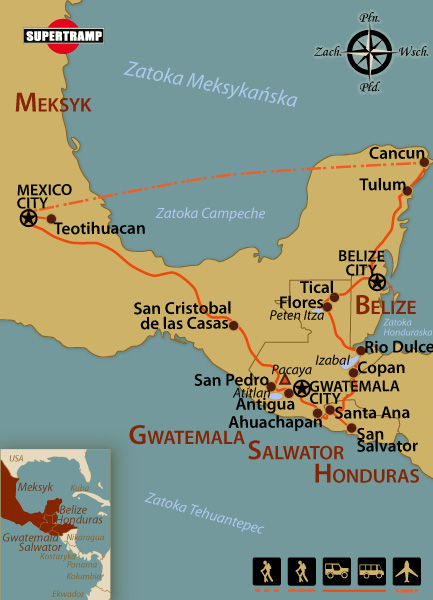 Explore key destinations in Mexico, Belize, Guatemala, and Honduras with this travel map.
