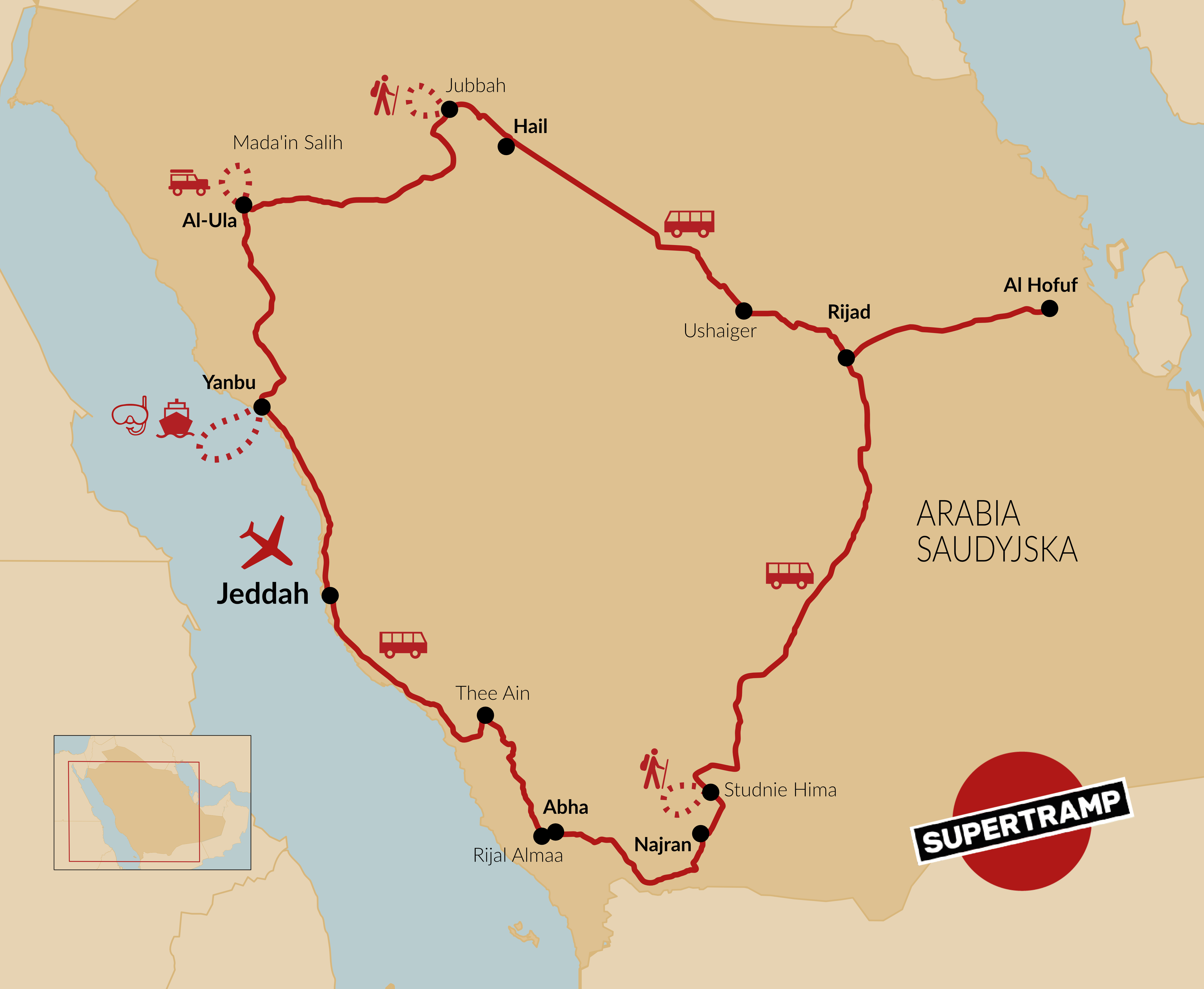Explore Saudi Arabia: Discover Jeddah, Riyadh, and enchanting cultural routes on this travel map.