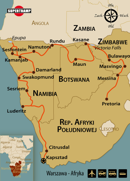 Mapa podróży po Południowej Afryce z trasami do atrakcji turystycznych.