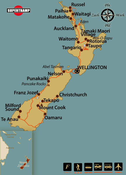 Stylized map of New Zealand showcasing cities, parks, and tourist attractions for travelers.