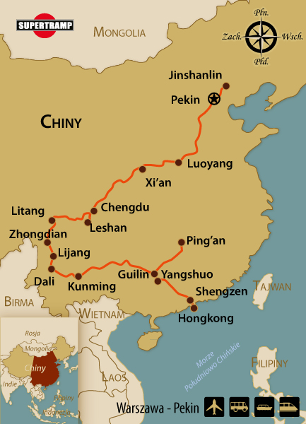 Travel route from Warsaw to Beijing, showcasing key Chinese cities and cultural highlights.