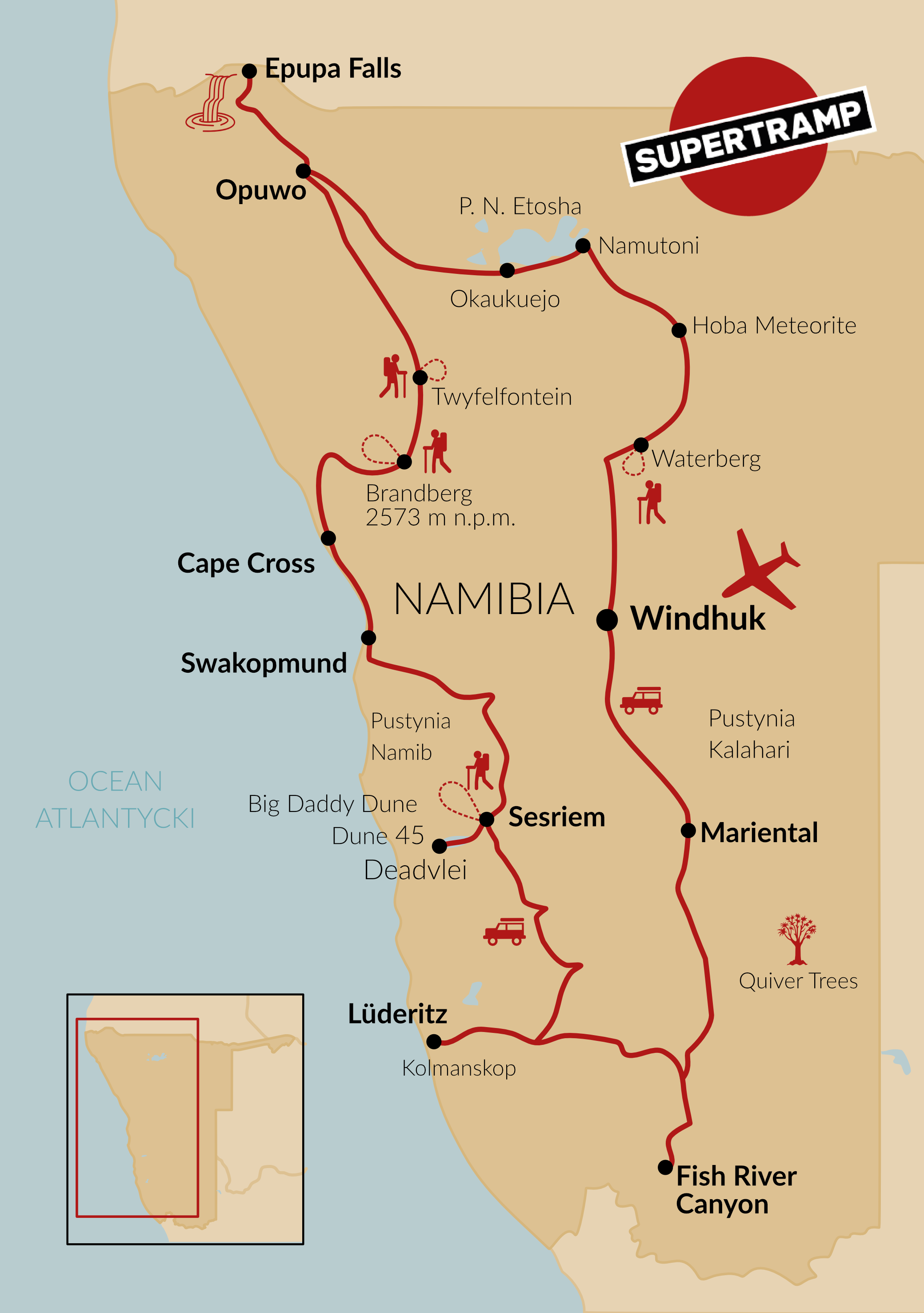 Explore Namibias attractions and travel routes on this detailed adventure map.