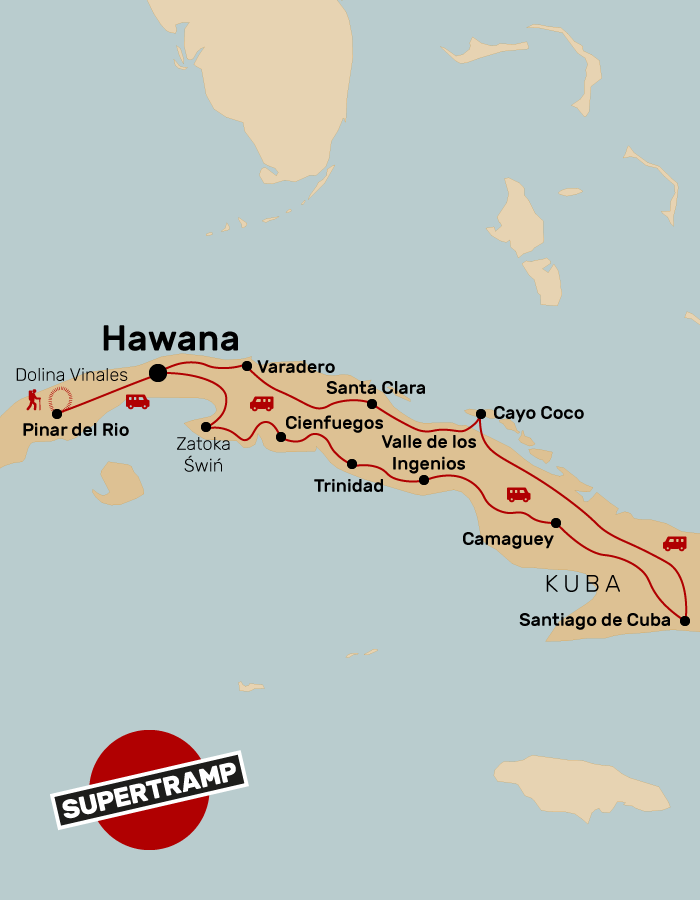 Explore Cuba: A colorful travel map showcasing vibrant cities and attractions across the island.