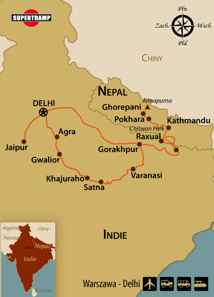 Explore northern India and Nepal: a travel map highlighting key cities and routes.