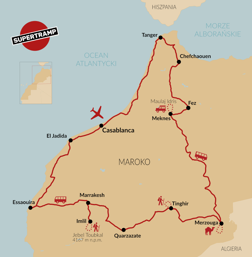 Explore Moroccos cities and landscapes with this vibrant travel map highlighting key destinations.