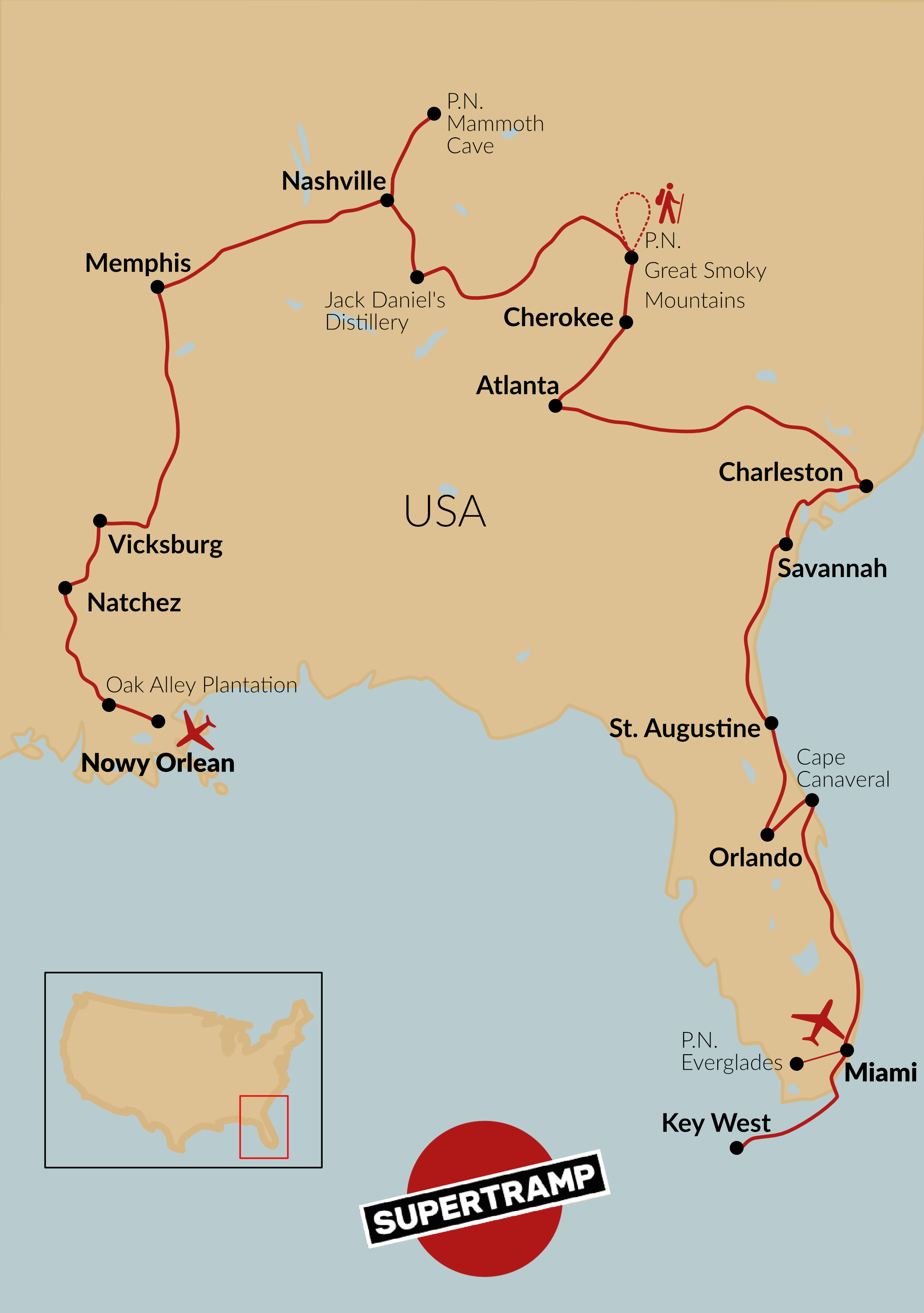 Explore a vibrant route through Southern states, highlighting key cities and cultural attractions.