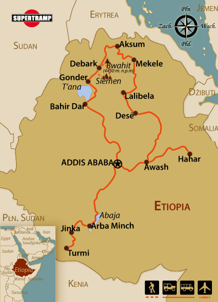 Ethiopia tourist map featuring key cities, routes, and cultural landmarks for exploration.