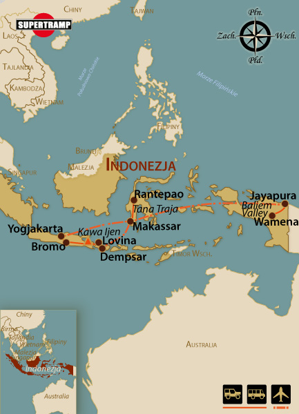 Mapa Indonezji z kluczowymi miastami, wyspami i bogactwem kulturowym archipelagu.