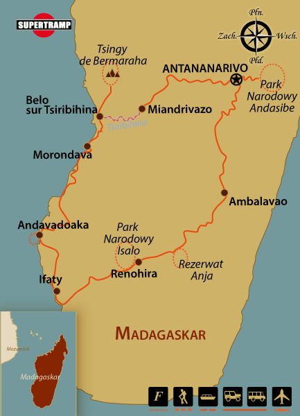 Mapa podróży po Madagaskarze z kluczowymi miejscami i trasami dla miłośników przyrody.