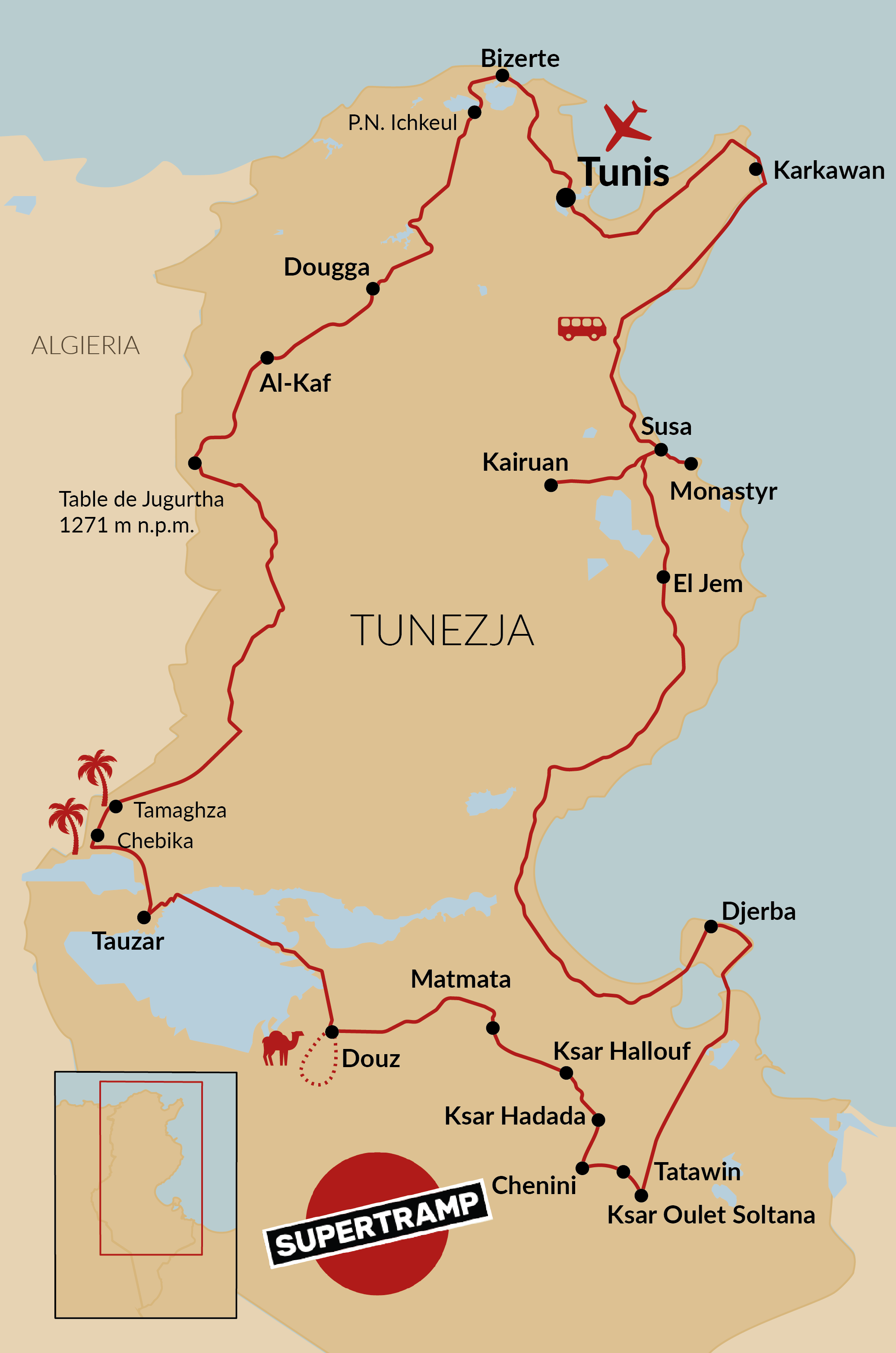 Explore Tunisias vibrant cities, attractions, and travel routes with this detailed tourist map.