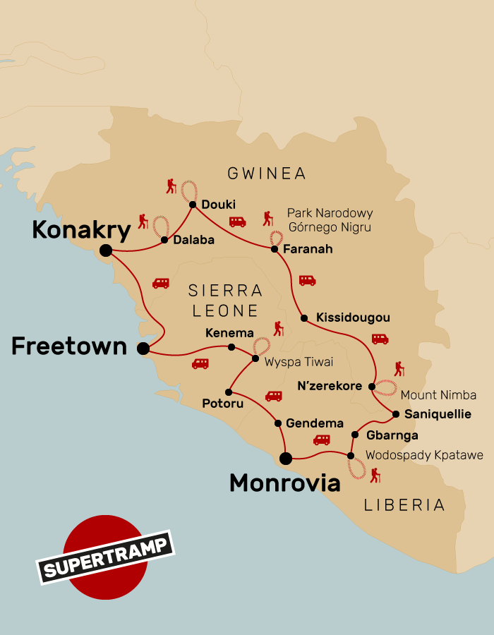 Map of Sierra Leone, Guinea, and Liberia highlighting cities, travel routes, and natural landmarks.